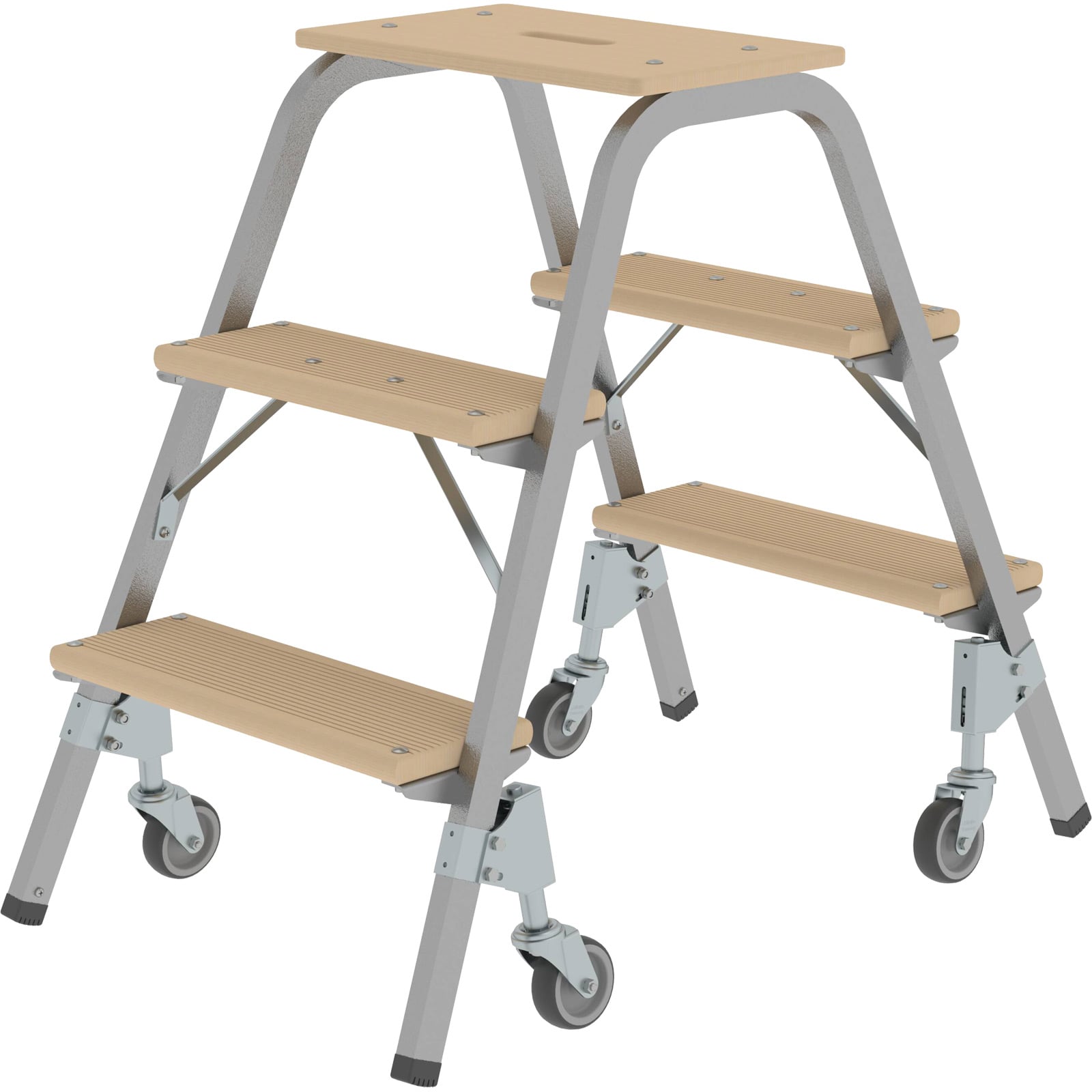 Günzburger Steigtechnik Stahl-Holz-Tritt mit Lenkrollen 2 x 3 Stufen - 039023