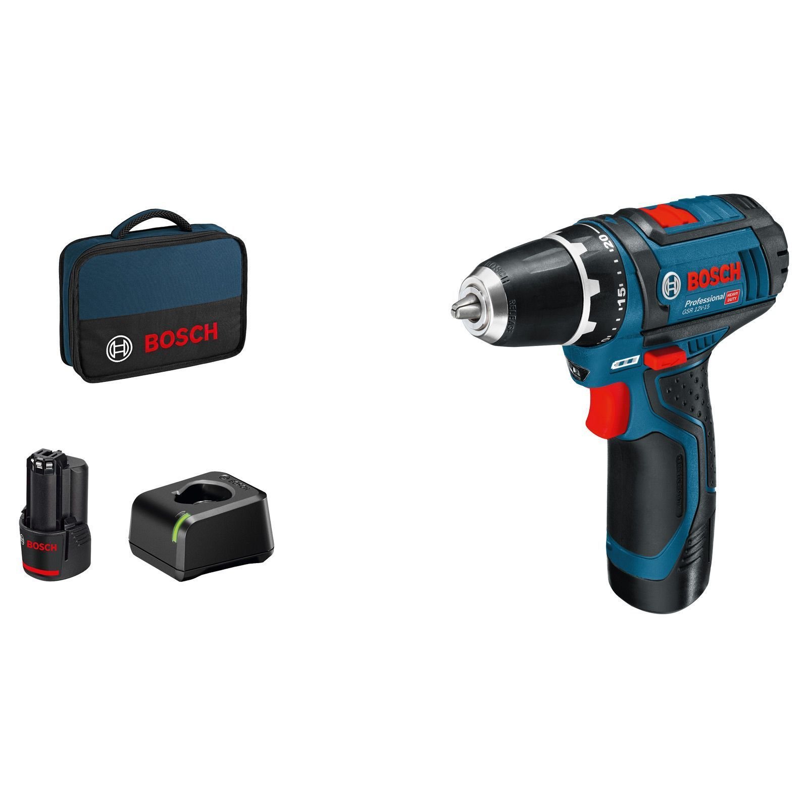 Bosch Akku-Bohrschrauber GSR 12V-15 / 2x 2,0 Ah Akku + Ladegerät in Softbag - 060186810F Bosch Akku-Bohrschrauber GSR 12V-15 / 2x 2,0 Ah Akku + Ladegerät in Softbag - 060186810F