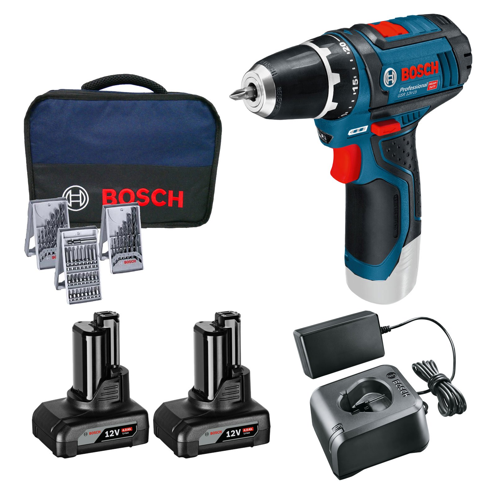 Bosch Akku-Bohrschrauber GSR 12V-15 / 2x 4,0 Ah Akku + Ladegerät inkl. Zubehör-Set 39tlg. im Softbag - 0615990HV1 Bosch Akku-Bohrschrauber GSR 12V-15 / 2x 4,0 Ah Akku + Ladegerät inkl. Zubehör-Set 39tlg. im Softbag - 0615990HV1