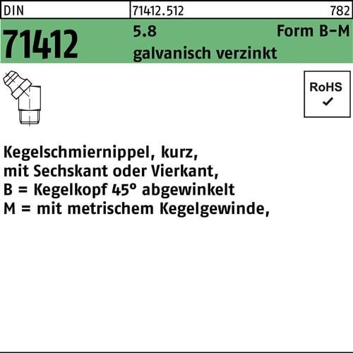 Kegelschmiernippel DIN 71412 FormB-M BM 6x1 SW 9 5.8 galv.verz. 100St.