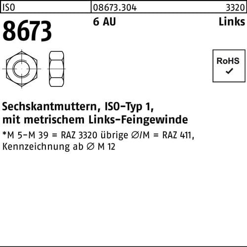 Sechskantmutter ISO 8673 links M16x 1,5 6 Automatenstahl 50 Stück