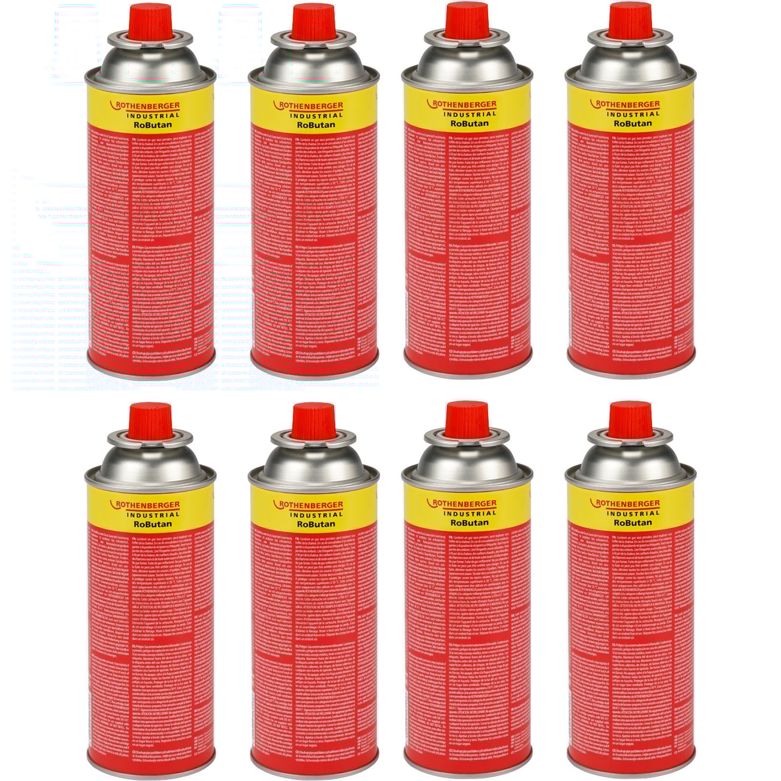 ROTHENBERGER Industrial Gaskartusche RoButan 220 g / 393 ml, Bajonett-Verschluss, MSF-1A, Ventilkartusche Gas Outdoor Camping Brenner Unkrautvernichter, 8 Stück