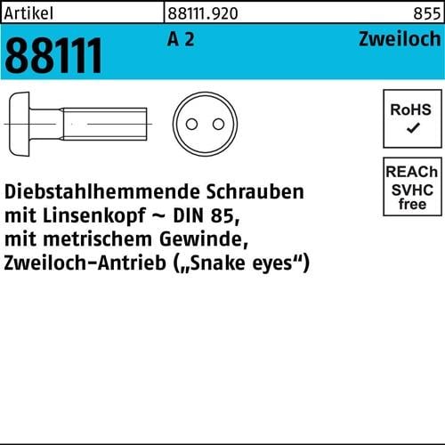 Schraube R 88111 diebstahlhemmend Liko/Zweiloch M4x 6 A 2 100 Stück