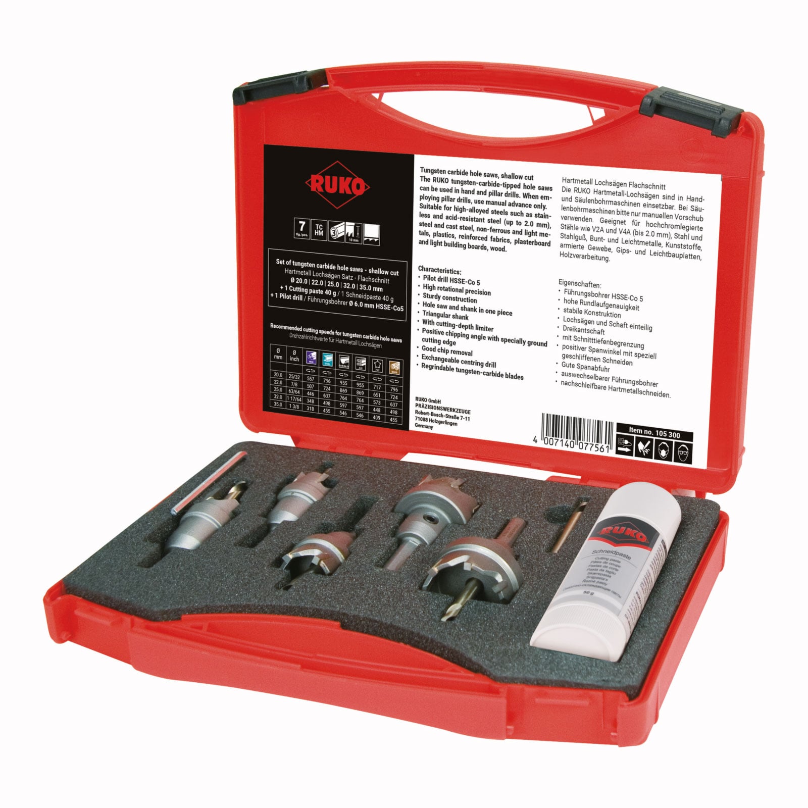 RUKO Hartmetall-Lochsägen Flachschnitt-Satz im Kunststoffkoffer - 105300