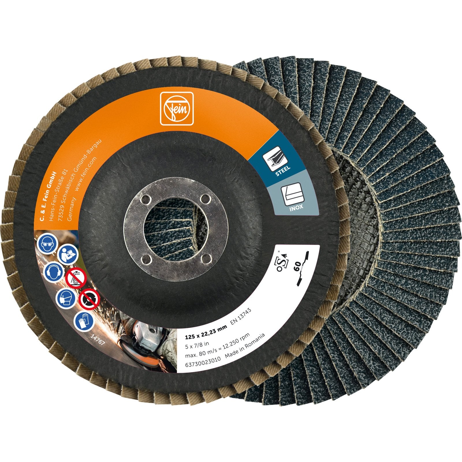 Fein 10x Fächerschleifscheibe Ø 125 Zirkonkorund K60 - 63730023010