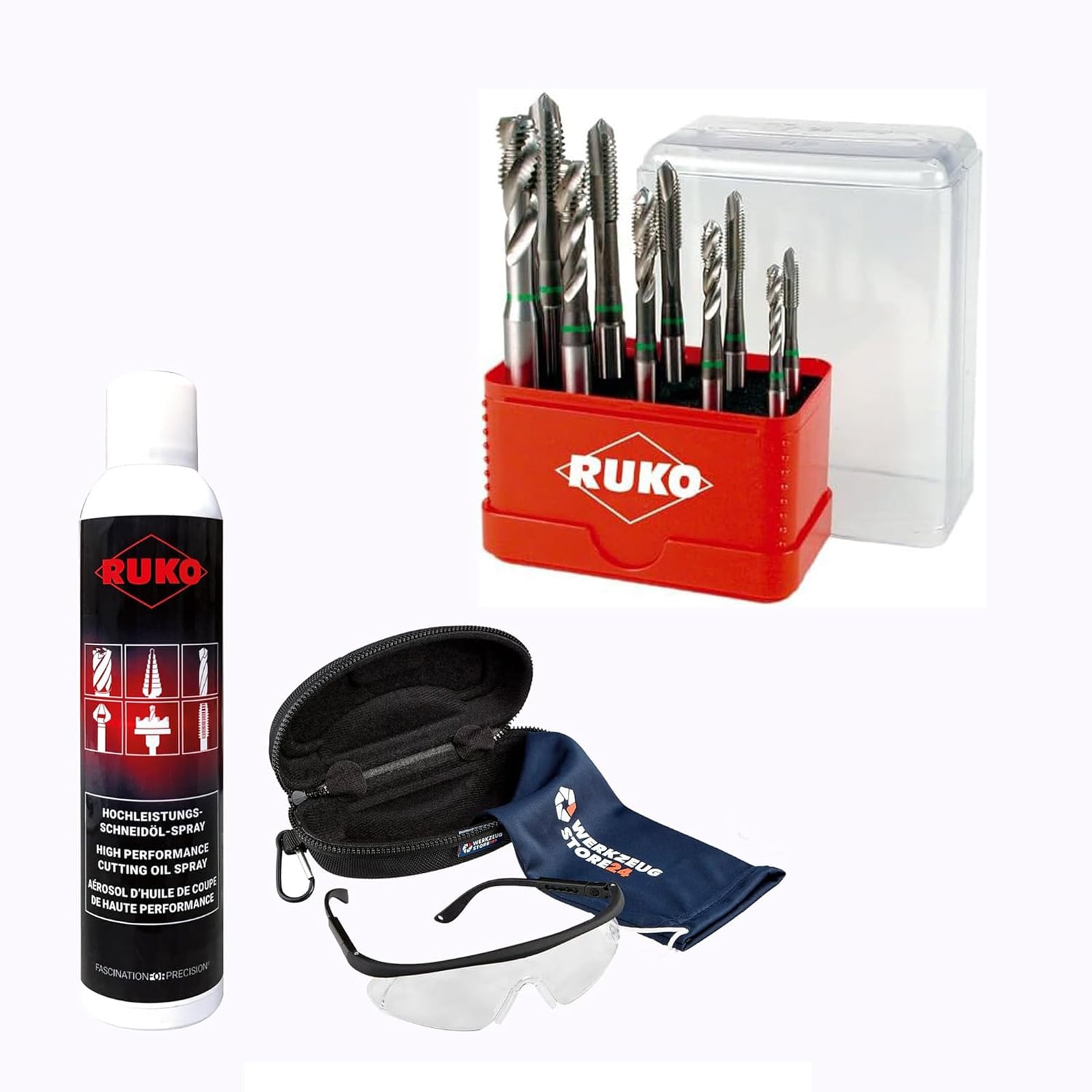 RUKO Maschinengewindebohrer-Satz HSS-CO DIN371B 10tlg., M4-M10 inkl. Spray & Schutzbrille - WZSA245055E
