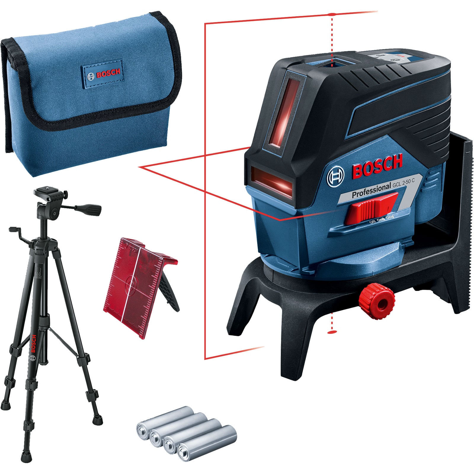 Bosch Kombilaser GCL 2-50 C / 4x 1,5 V-LR6-Batterien + Akku-Adapter inkl. BT 150 + RM 2 + Laserzieltafel in Tasche - 0601066G02