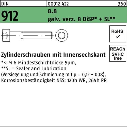 Zylinderschraube DIN 912 Innen-6kt M8x 50 8.8 gal Zn 8 DiSP + SL 200St.