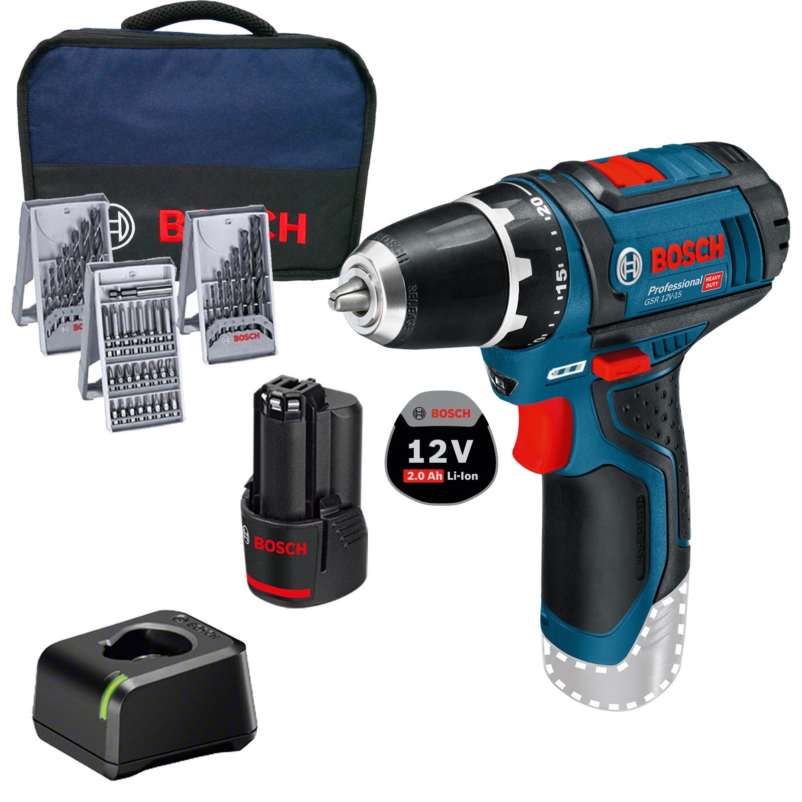 Bosch Akku-Bohrschrauber GSR 12V-15 / 1x 2,0 Ah Akku + Ladegerät inkl. Zubehör im Softbag Bosch Akku-Bohrschrauber GSR 12V-15 / 1x 2,0 Ah Akku + Ladegerät inkl. Zubehör im Softbag