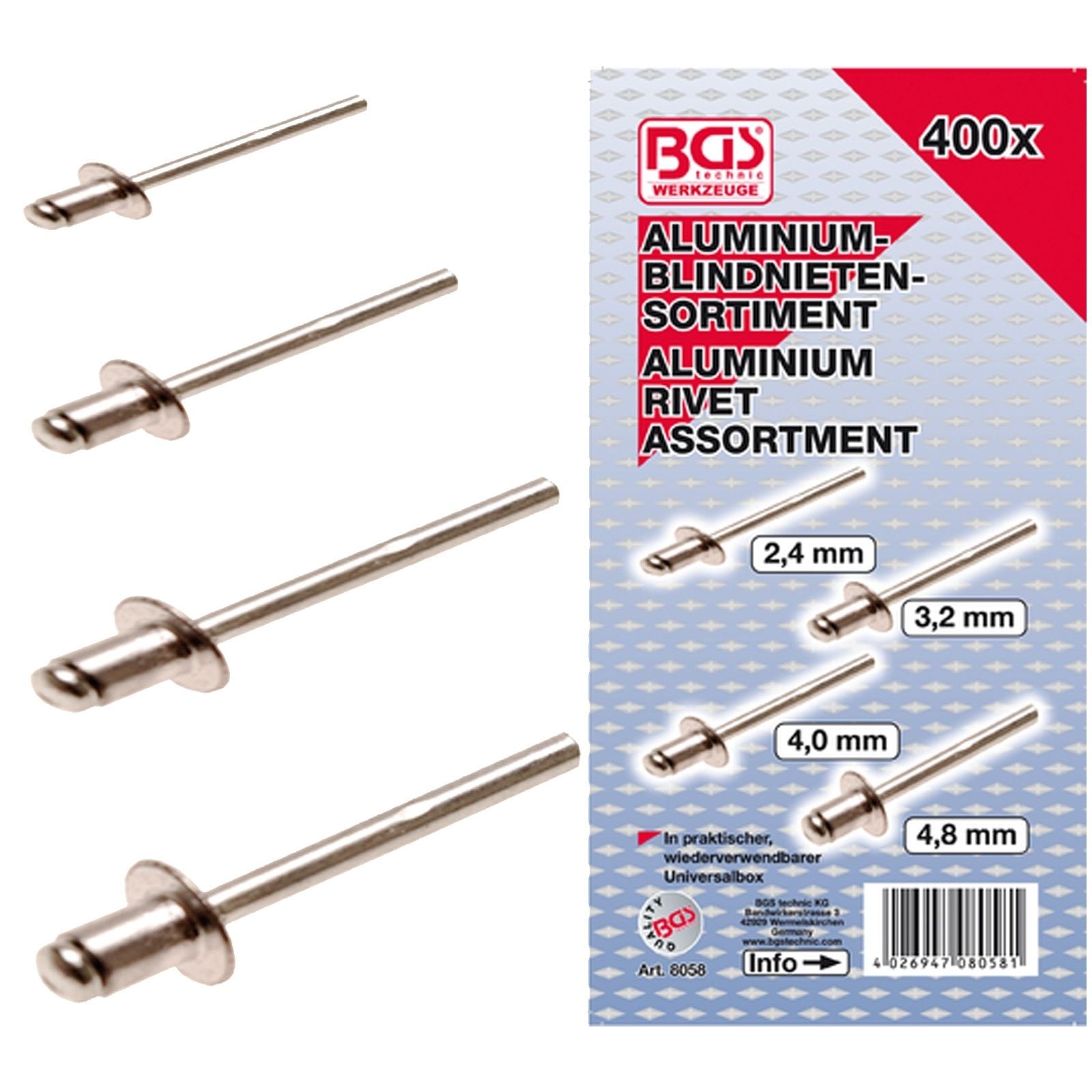 BGS Blindnieten-Sortiment Alu, 400tlg. - 8058