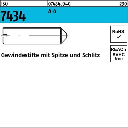 Gewindestift ISO 7434 Spitze/Schlitz M5x 10 A 4 50 Stück