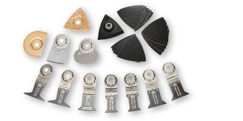 FEIN Multimaster Zubehör Set mit verschiedenen Sägeblättern und Schleifpads