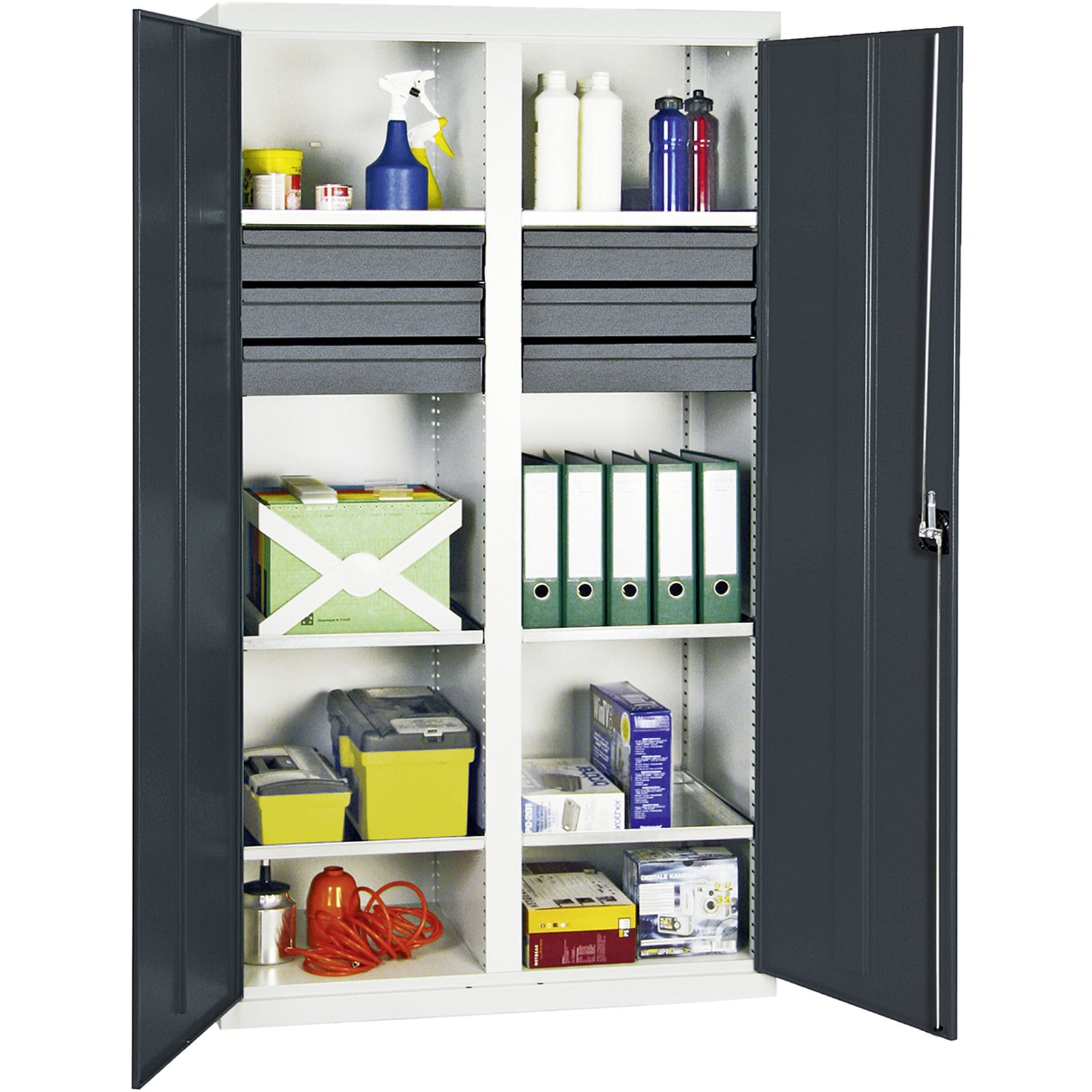 Stumpf Werkzeug- und Materialschrank Serie 3000 lichtgrau / anthrazitgrau + 6 Schublade 100 mm + Mitteltrennwand + 6 Auszugsböden - 3004271