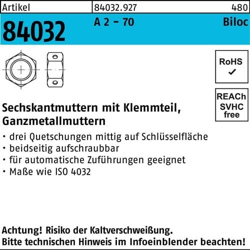 Sechskantmutter R 84032 Biloc Klemmteil M6 A 2 - 70 1000 Stück