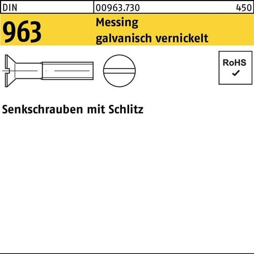 Senkschraube DIN 963 Schlitz M4x 20 Messing galv. vernickelt 200 Stück