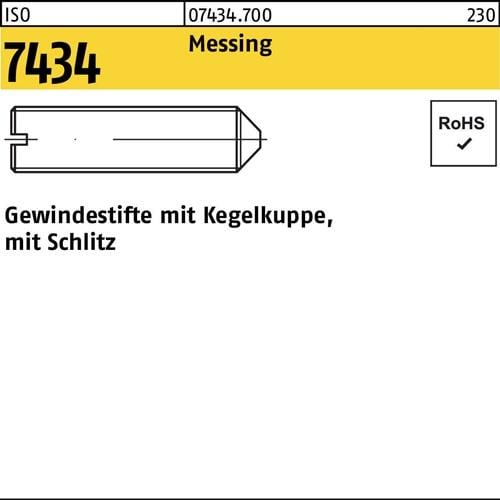 Gewindestift ISO 7434 Kegelkuppe/Schlitz M3x 4 Messing 100 Stück