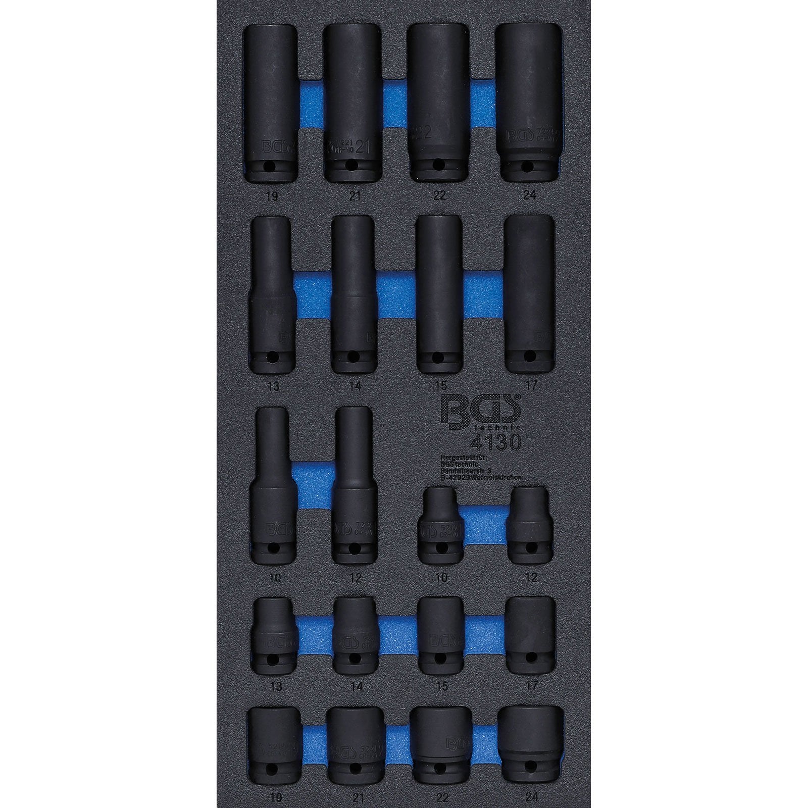 BGS Werkstattwageneinlage 1/3: Kraft-Steckschlüssel-Einsätze Sechskant 12,5 mm (1/2") 10 - 24 mm 20tlg. - 4130