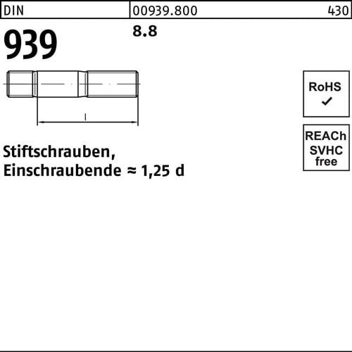Stiftschraube DIN 939 M10x 25 8.8 Einschraubende=1,25d 50 Stück