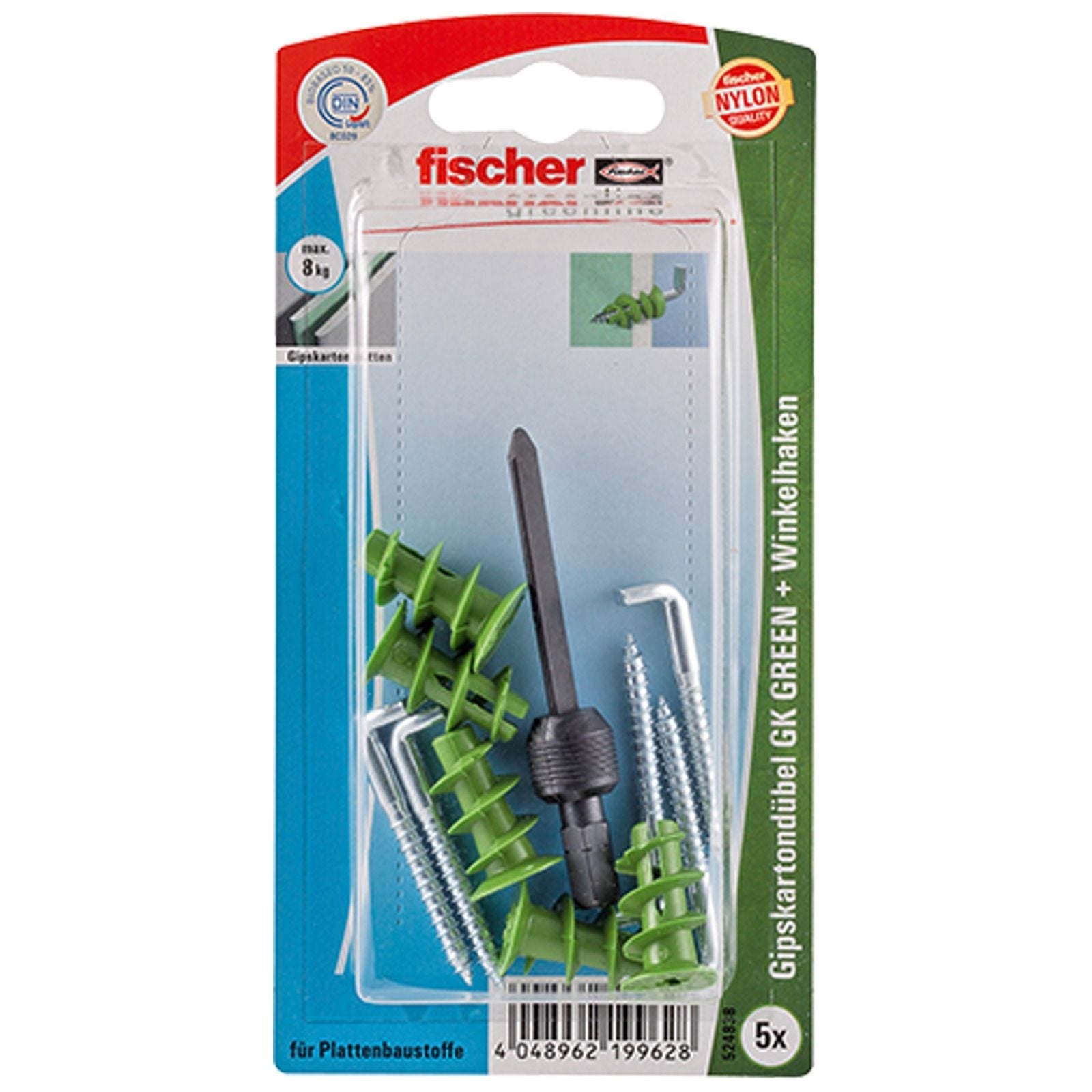 Fischer 5x Gipskartondübel GK GREEN WH mit Winkelhaken - 524838