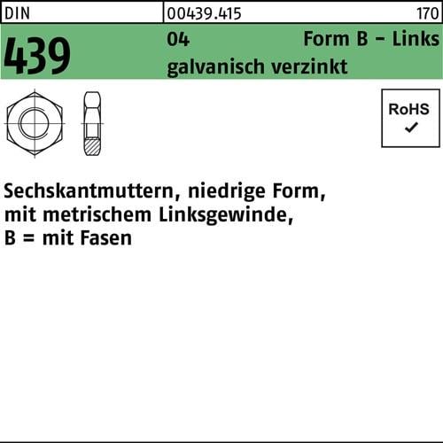 Sechskantmutter DIN 439 FormB links BM 8 Automatenstahl galv.verz. 100St.