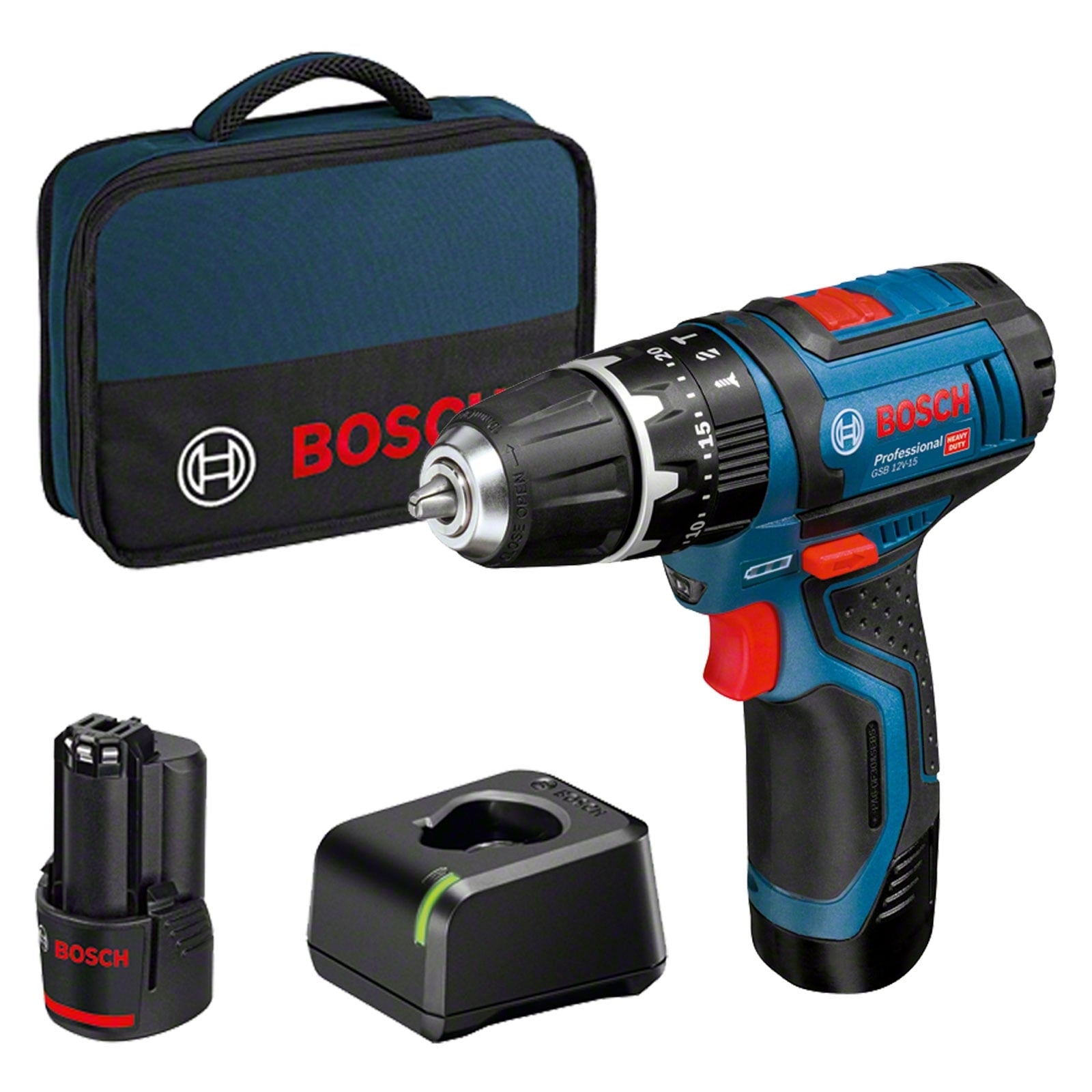 Bosch Akku-Schlagbohrschrauber GSB 12V-15 Professional 12 V / 2x 2,0 Ah Akku + Ladegerät in Softbag - 06019B690H