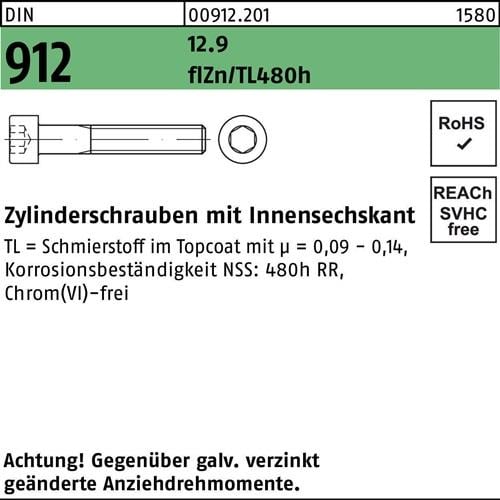 Zylinderschraube DIN 912 Innen-6kt M20x65 12.9 flZnnc 480h-L 25St.