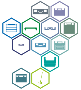 Variety of tool storage options in hexagon icons" Stack of hexagon icons representing various tool storage boxes