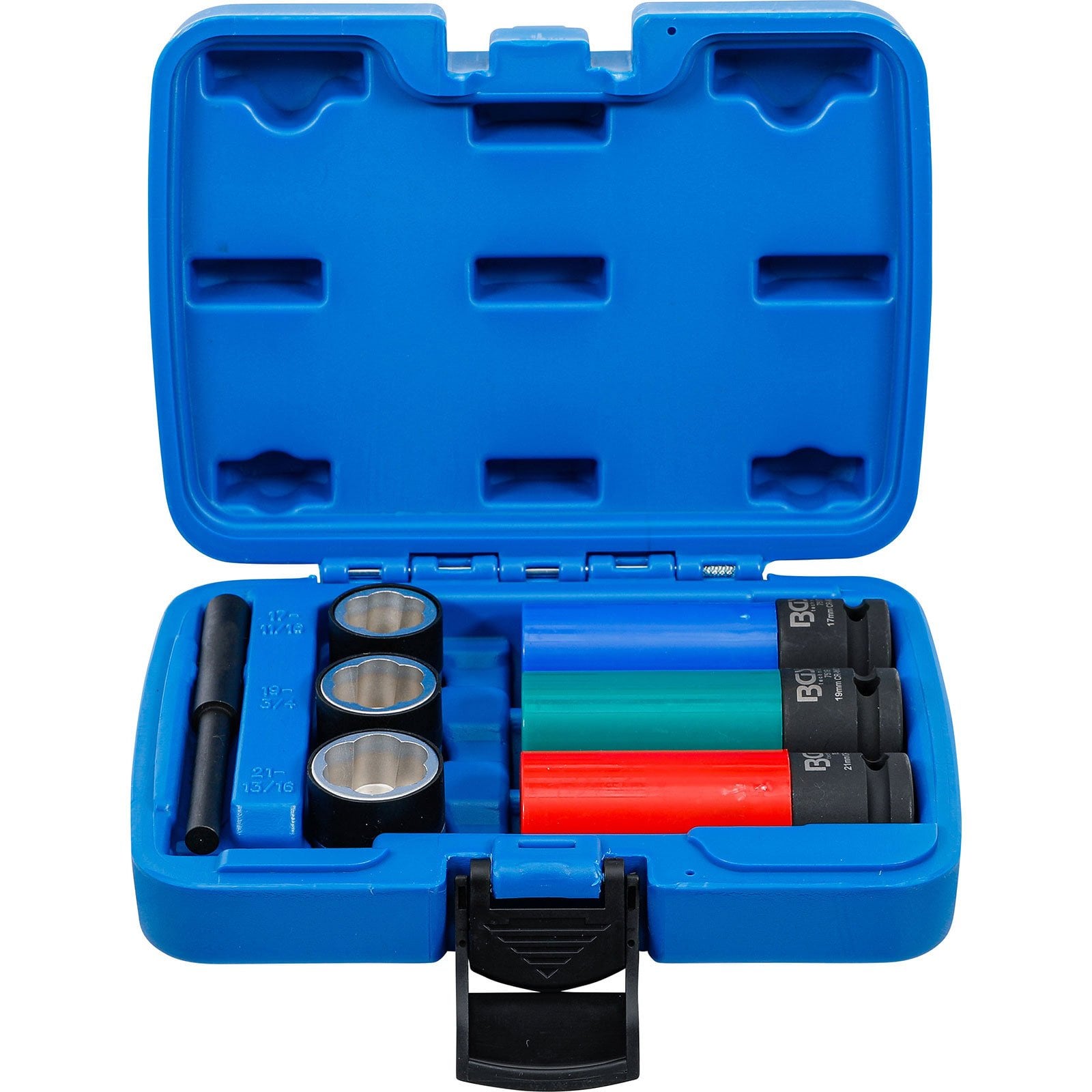 BGS Spiral-Profil-Steckschlüssel-Einsatz-Satz / Schraubenausdreher & Kraft-Schoneinsatz-Satz Antrieb innenvierkant 12,5 mm (1/2") SW 17 / 19 / 21 mm 7tlg. - 7510