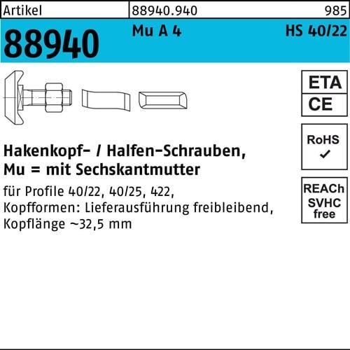 Hammerkopfschraube R 88940 40/22 6-ktmutter M10x 30 Mu A 4 50St. HALFEN